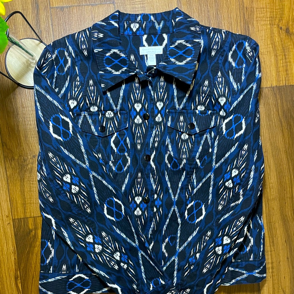 **Lightly Used Blue Geometric Pattern Denim Jacket** Petite M